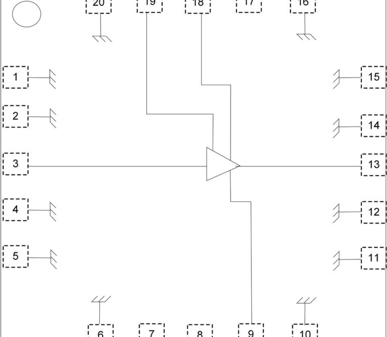 Pinout diagram of a 20-pin package with a single amplifier stage, pin 3 as input and pin 13 as output, most other pins grounded