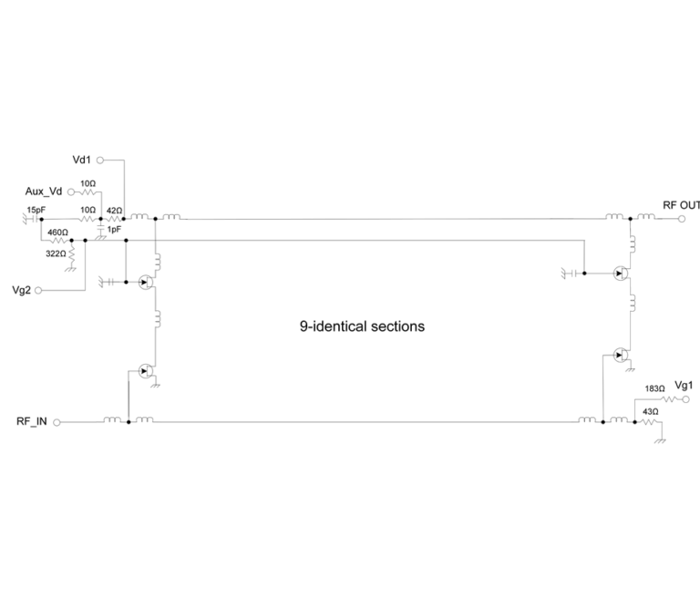 Schematic diagram of a multi-stage RF power amplifier with 9 identical sections, labelled with Vd1, Aux_Vd, Vg1, Vg2 bias inputs, RF_IN and RF OUT