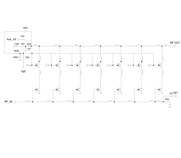 Transistor-level schematic of a seven-stage distributed RF amplifier, showing RF_IN and RF OUT transmission lines and Vd1, Vg1, Vg2 and Aux_Vd bias networks with labelled resistor and capacitor values