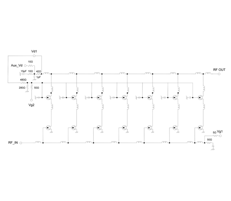 Transistor-level schematic of a seven-stage distributed RF amplifier, showing RF_IN and RF OUT transmission lines and Vd1, Vg1, Vg2 and Aux_Vd bias networks with labelled resistor and capacitor values