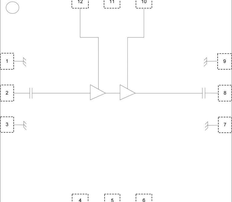 Pinout diagram of a two-stage RF amplifier in a 12-pin package, showing the RF signal path from pin 2 to pin 8 through two cascaded amplifier stages