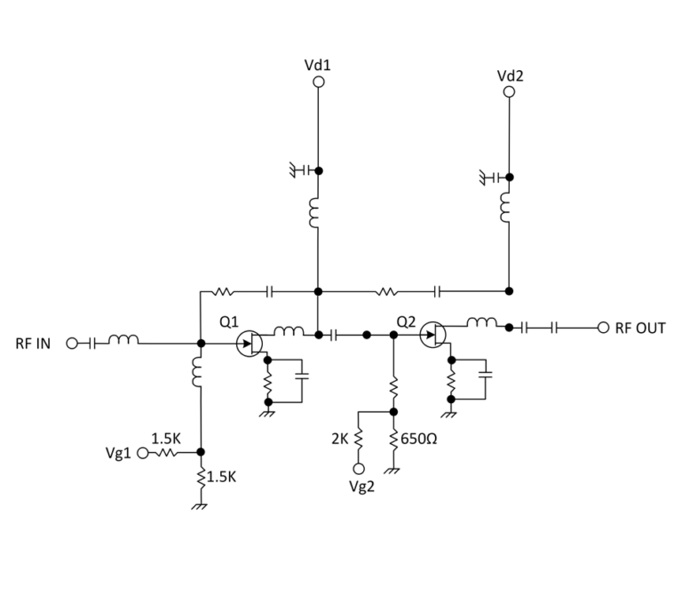 Transistor-level schematic of a two-stage RF amplifier with transistors Q1 and Q2, showing RF IN/RF OUT, Vd1/Vd2 supply lines, and Vg1/Vg2 gate-bias networks with 1.5k, 2k and 650-ohm resistors