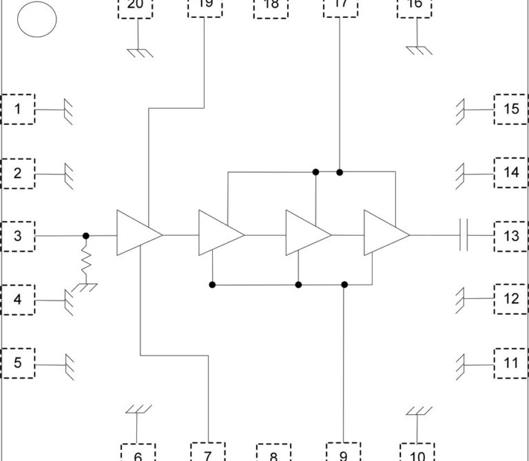 Pinout diagram of a four-stage RF amplifier in a 20-pin package, with RF IN, RF OUT and shared gate-bias connections across three of the four stages
