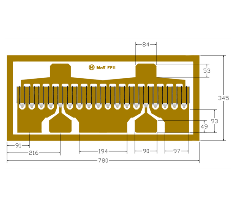 Mechanical outline drawing of a flex circuit package printed with the MwT FPII logo, showing the gold contact pad layout and dimension lines including 780, 345, 216 and 194 mils