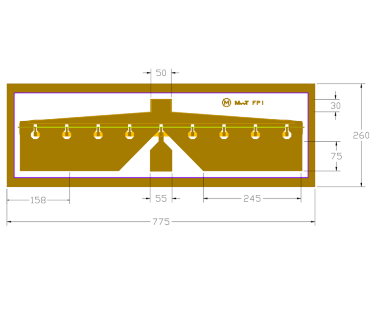 Technical outline drawing of a MwT FP1 leadframe package, showing lead pads with mounting holes and dimension callouts (overall size 775 x 260)