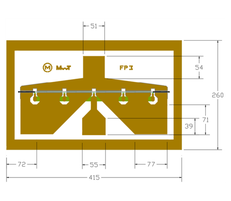 Technical outline drawing of a MwT FP3 leadframe package, showing lead pads with mounting holes and dimension callouts (overall size 415 x 260)