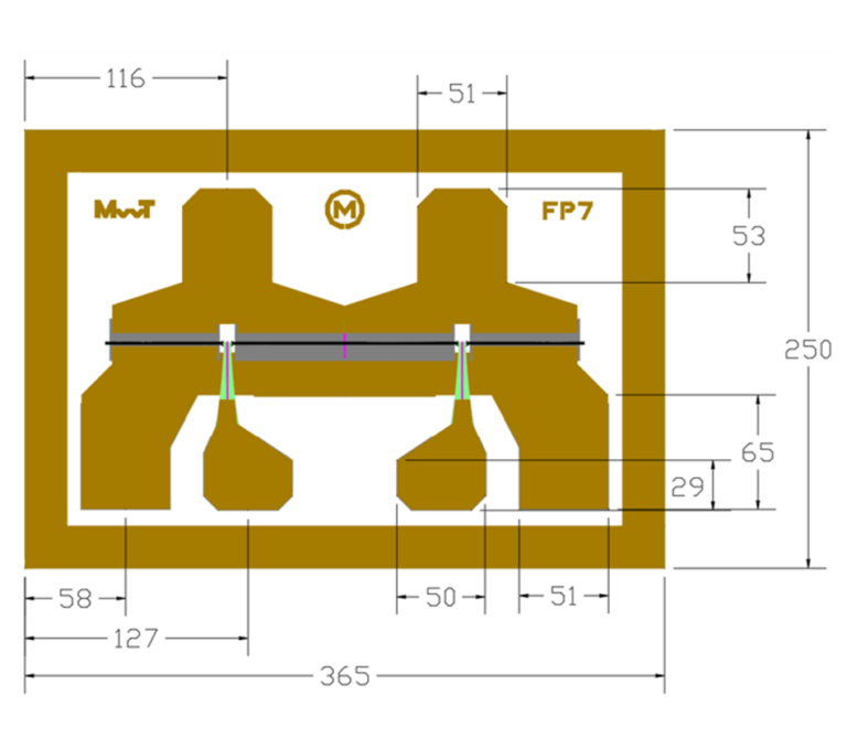 Technical outline drawing of a MwT FP7 leadframe package, showing the pin layout, ground tabs, and dimension callouts (overall size 365 x 250)