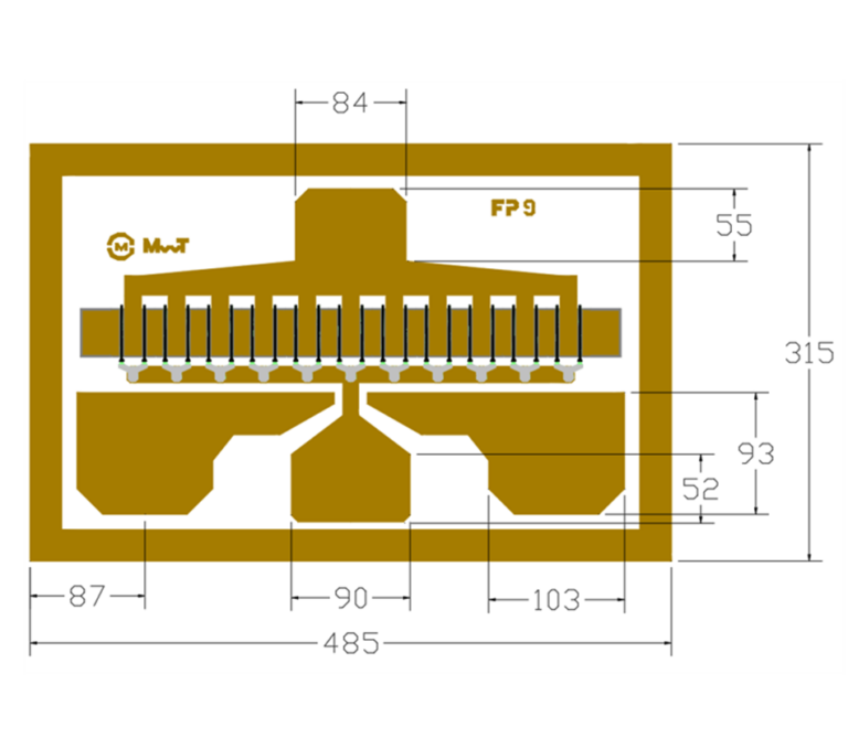 Technical outline drawing of a MwT FP9 leadframe package, showing the pin layout, ground tab, and dimension callouts (overall size 485 x 315)