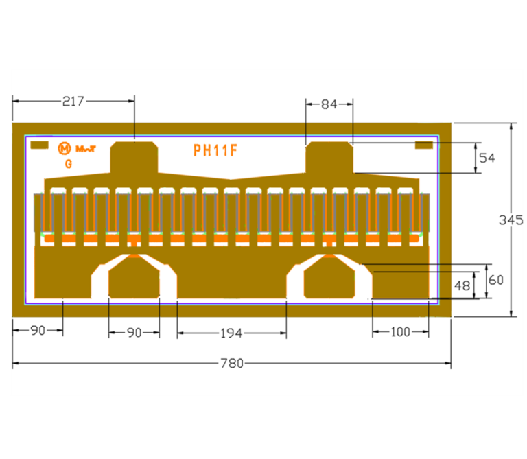 Technical outline drawing of a MwT PH11F leadframe package, showing the pin layout, ground tabs, and dimension callouts (overall size 780 x 345)