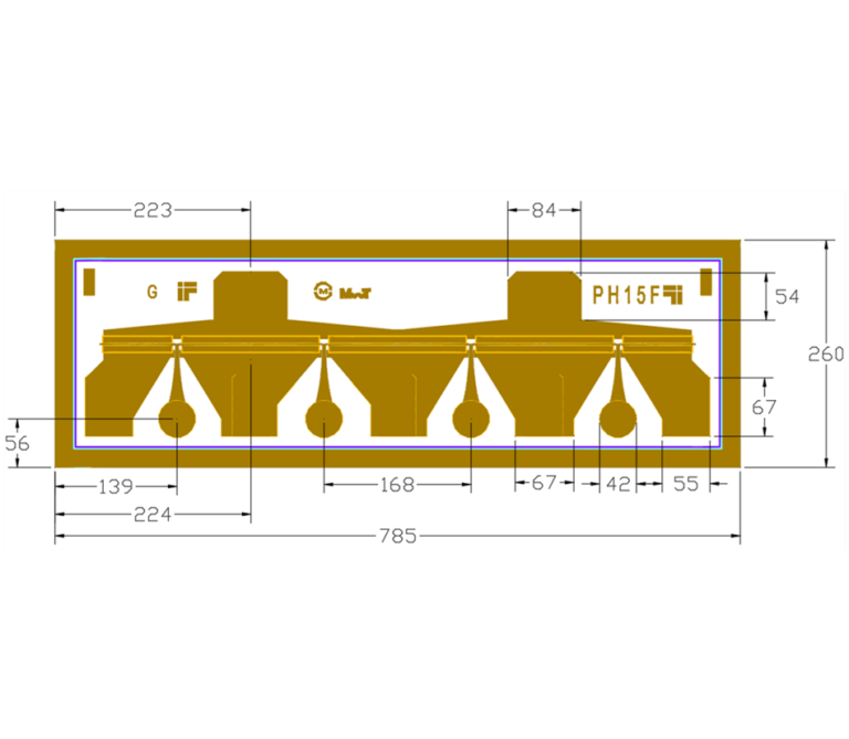 Technical outline drawing of a MwT PH15F leadframe package, showing multiple lead pads with mounting holes and dimension callouts (overall size 785 x 260)
