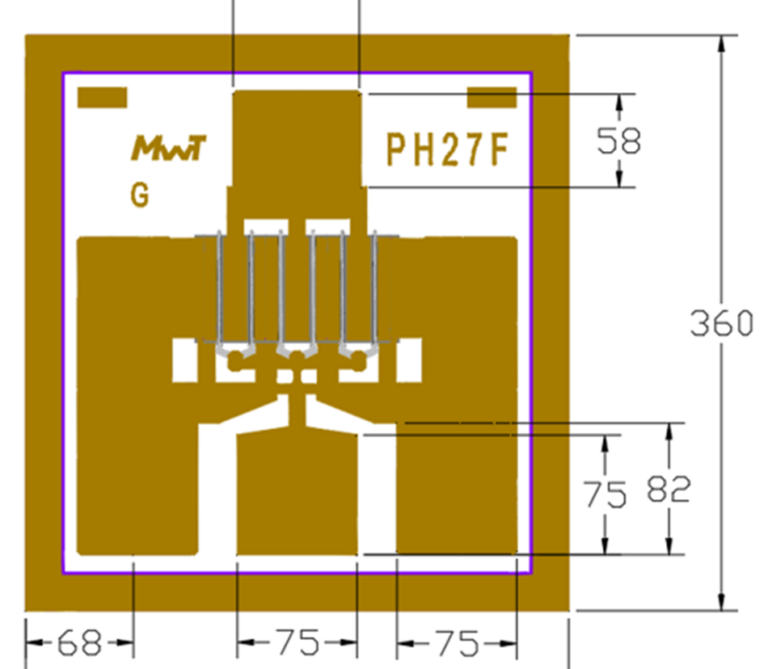 Technical outline drawing of a MwT PH27F leadframe package, showing the pin layout, ground tabs, and dimension callouts (overall height 360)