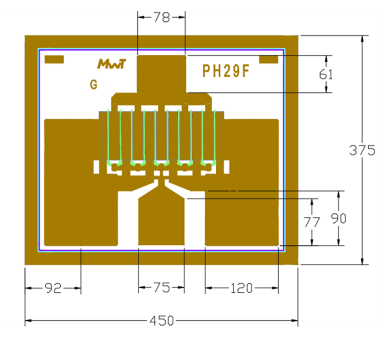Technical outline drawing of a MwT PH29F leadframe package, showing the pin layout, ground tab, and dimension callouts (overall size 450 x 375)