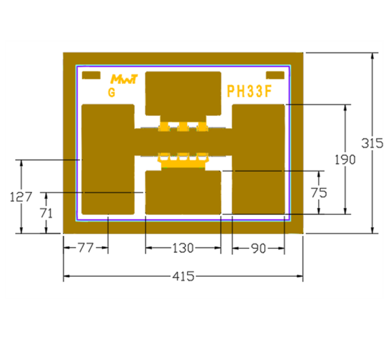 Technical outline drawing of a MwT PH33F leadframe package, showing the pad layout and dimension callouts (overall size 415 x 315)