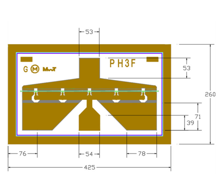 Technical outline drawing of a MwT PH3F leadframe package, showing the pin layout, ground tabs, and dimension callouts (overall size 425 x 260)
