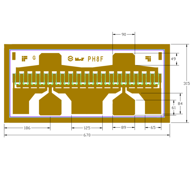 Technical outline drawing of a MwT PH8F leadframe package, showing the pin layout, ground tabs, and dimension callouts (overall size 670 x 315)