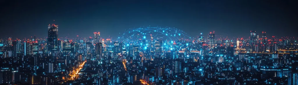 Night-time cityscape with illuminated skyscrapers overlaid with a glowing network of connected nodes and lines representing a smart, connected city