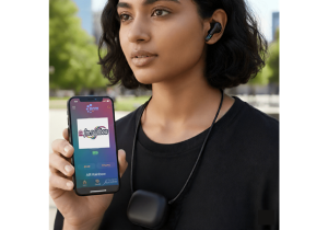 Woman outdoors wearing a wireless earbud and a DRM receiver pendant on a lanyard, holding a smartphone showing the DRM app with an "AIR Rainbow" radio station screen
