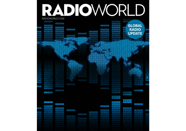 Radio World magazine cover showing a world map over an equalizer graphic, with the headline "Global Radio Update"