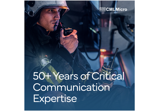 Firefighter using a handheld radio, with CML Micro's "50+ Years of Critical Communication Expertise" banner text
