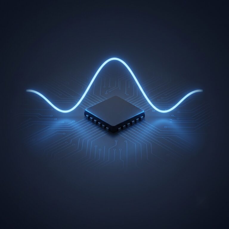 3D rendered image of a chip beneath a glowing sine wave, representing analogue voice