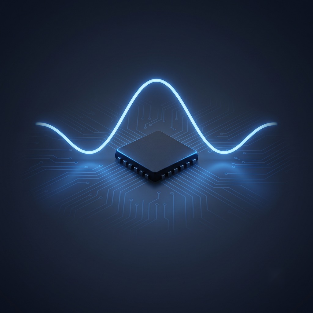 3D rendered image of a chip beneath a glowing sine wave, representing analogue voice