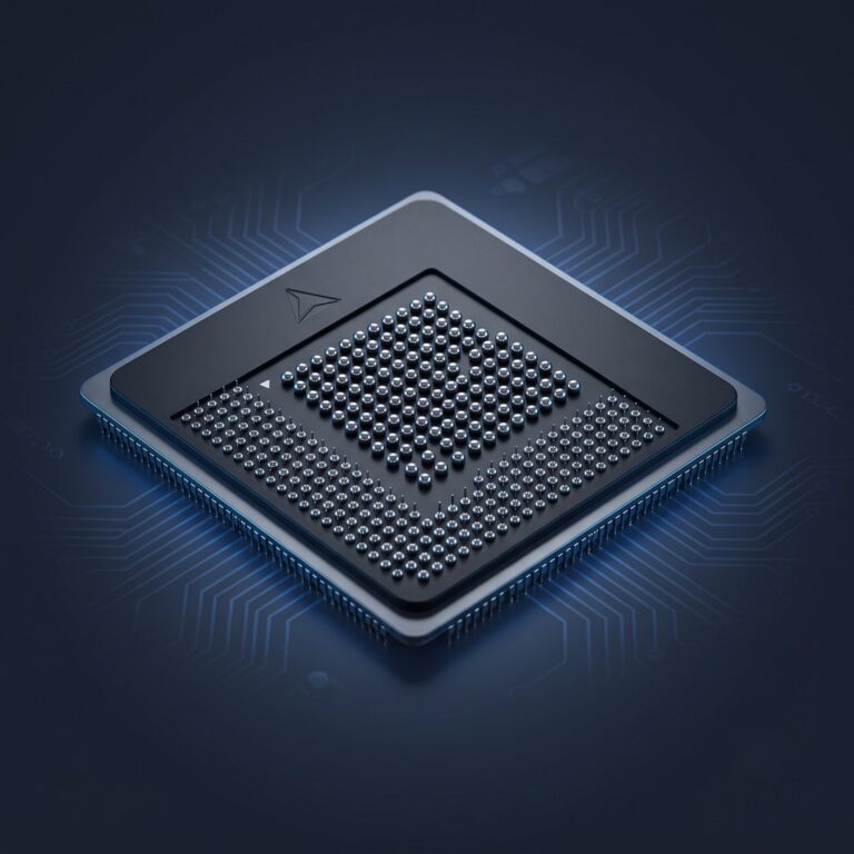 3D rendered image of a chip package with a ball grid array pattern and a directional arrow marking