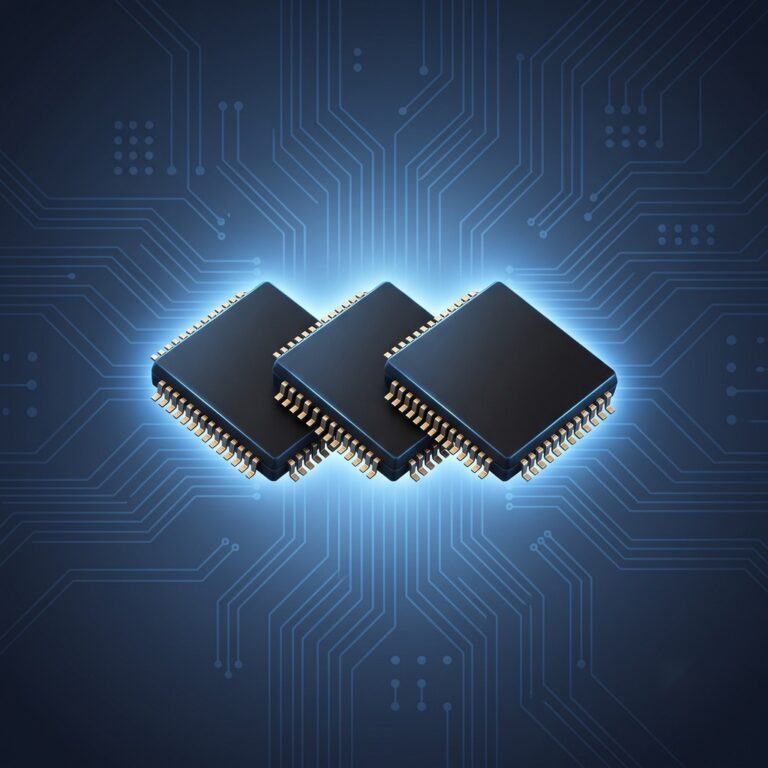 3D rendered image of three angled chip packages glowing on a circuit-board background