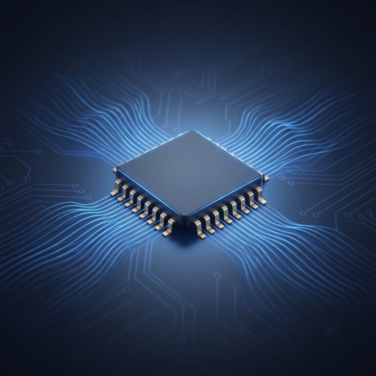 3D rendered image of a chip package surrounded by radiating circuit-board traces, representing data modems