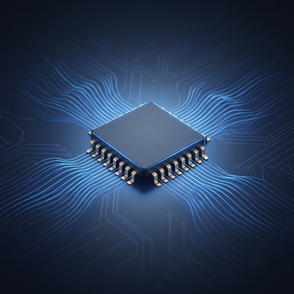 3D rendered image of a chip package surrounded by radiating circuit-board traces, representing data modems