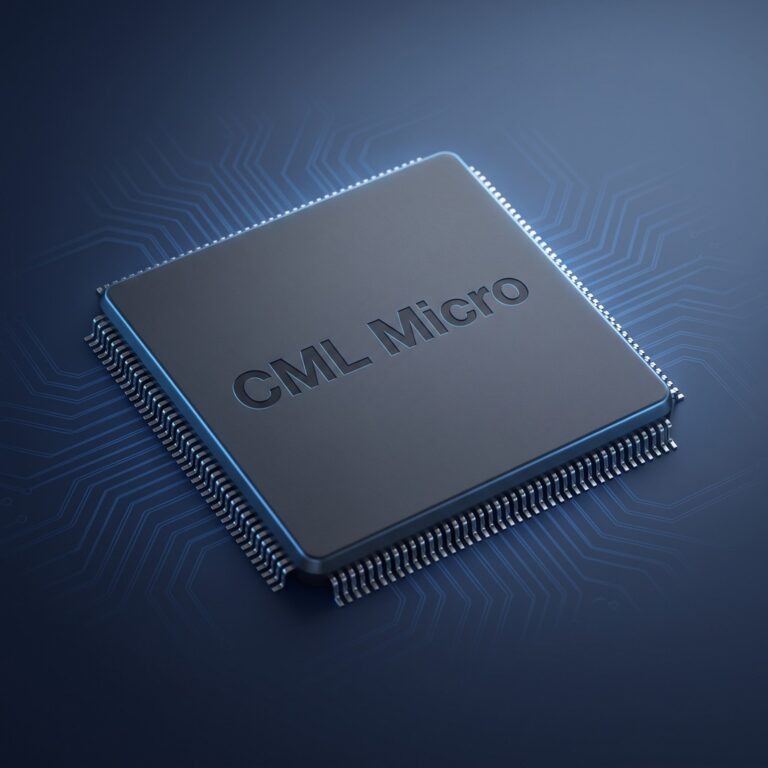 3D rendered image of a microchip package engraved with the "CML Micro" logo, on a circuit-board patterned background