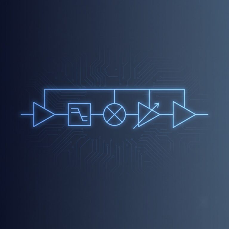 Glowing block diagram of RF building blocks showing amplifier, filter, mixer, isolator and amplifier stages connected in series