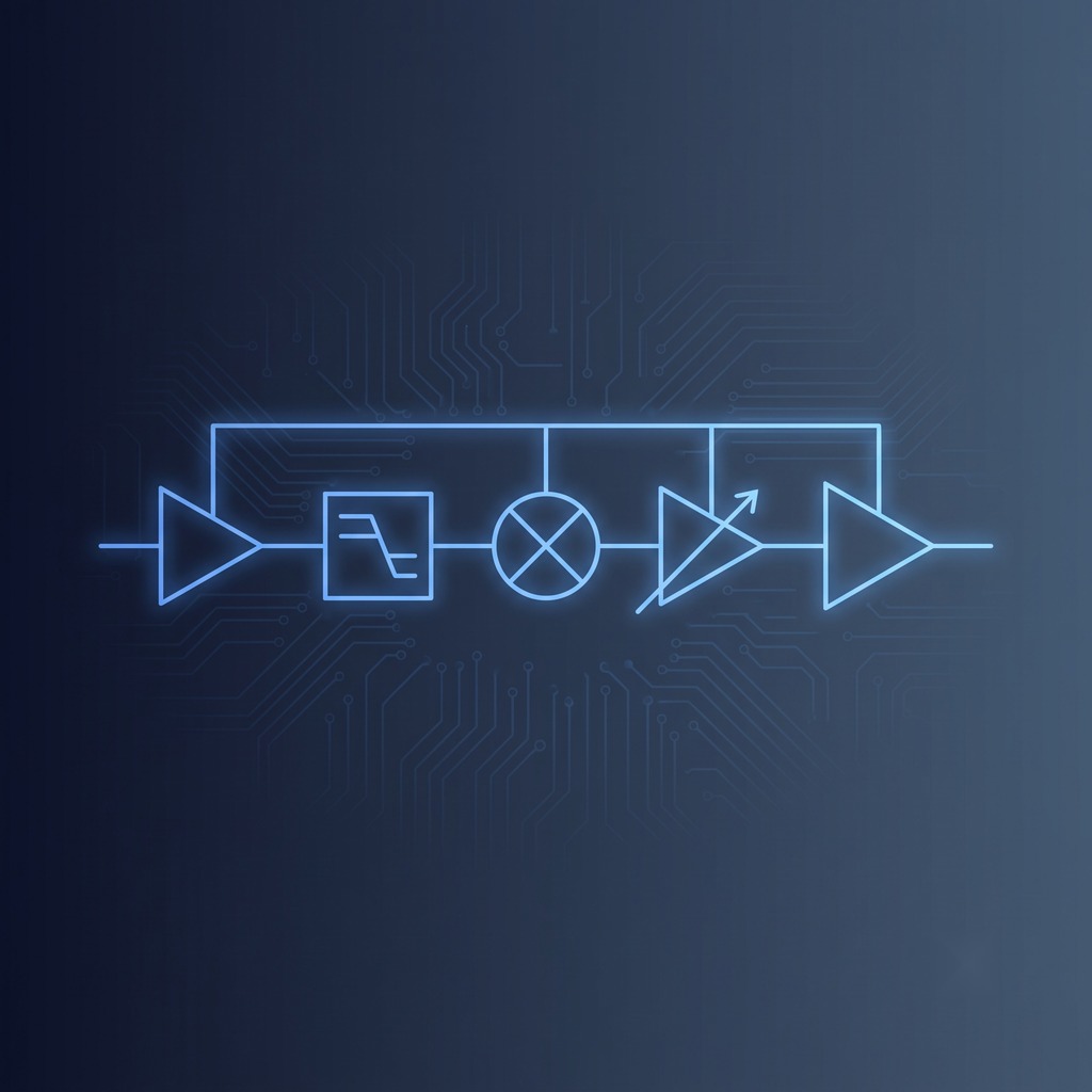 Glowing block diagram of RF building blocks showing amplifier, filter, mixer, isolator and amplifier stages connected in series