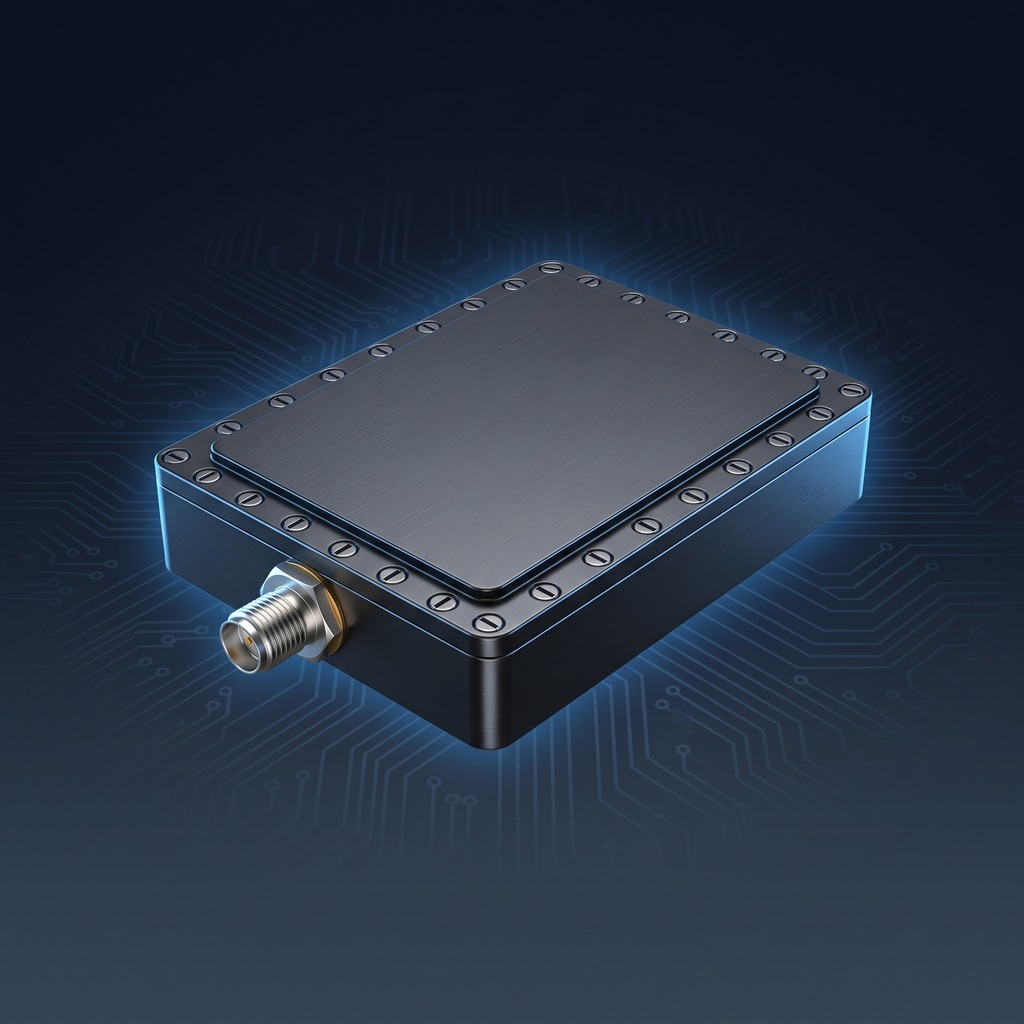 3D rendered image of a black RF subsystem module enclosure with a gold SMA connector, set against a dark circuit-board patterned background