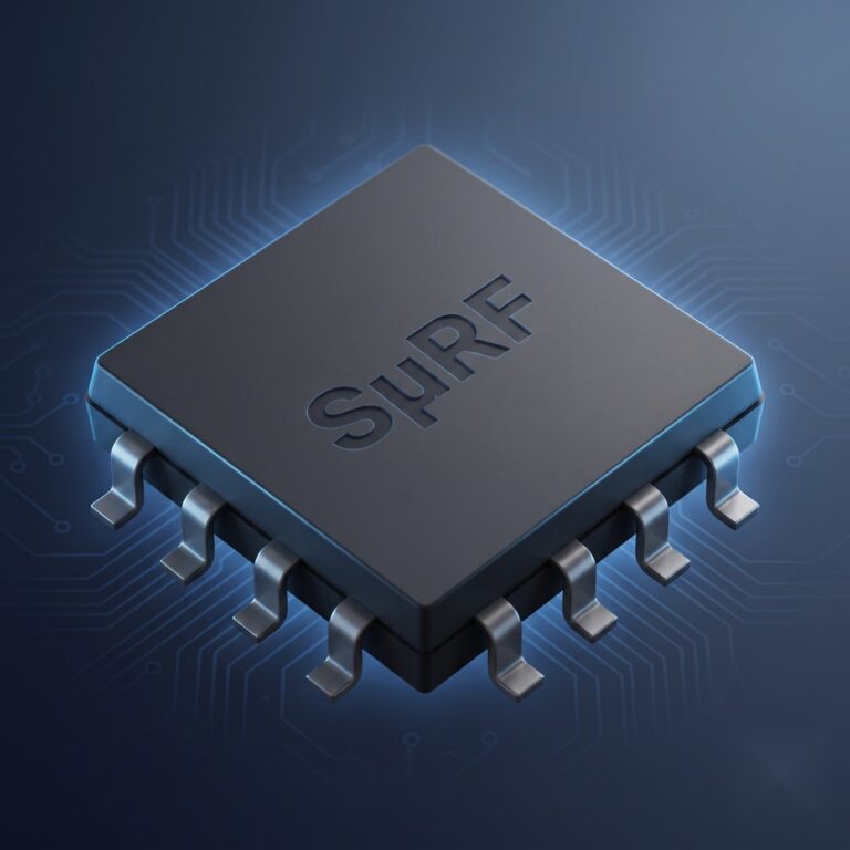 3D rendered image of a SµRF branded SOIC-8 packaged amplifier chip against a dark circuit-board background